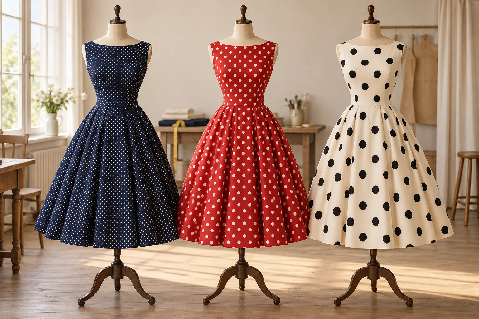 Trois robes années 50 à micro-pois, pois moyens et gros pois sur des mannequins de couture