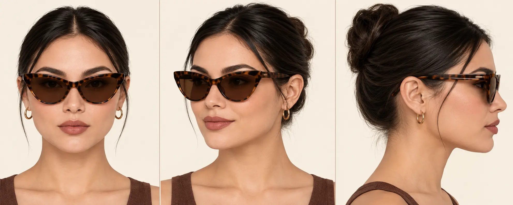 Même femme vue de face, de trois quarts et de profil avec une monture cat-eye écaille bien ajustée