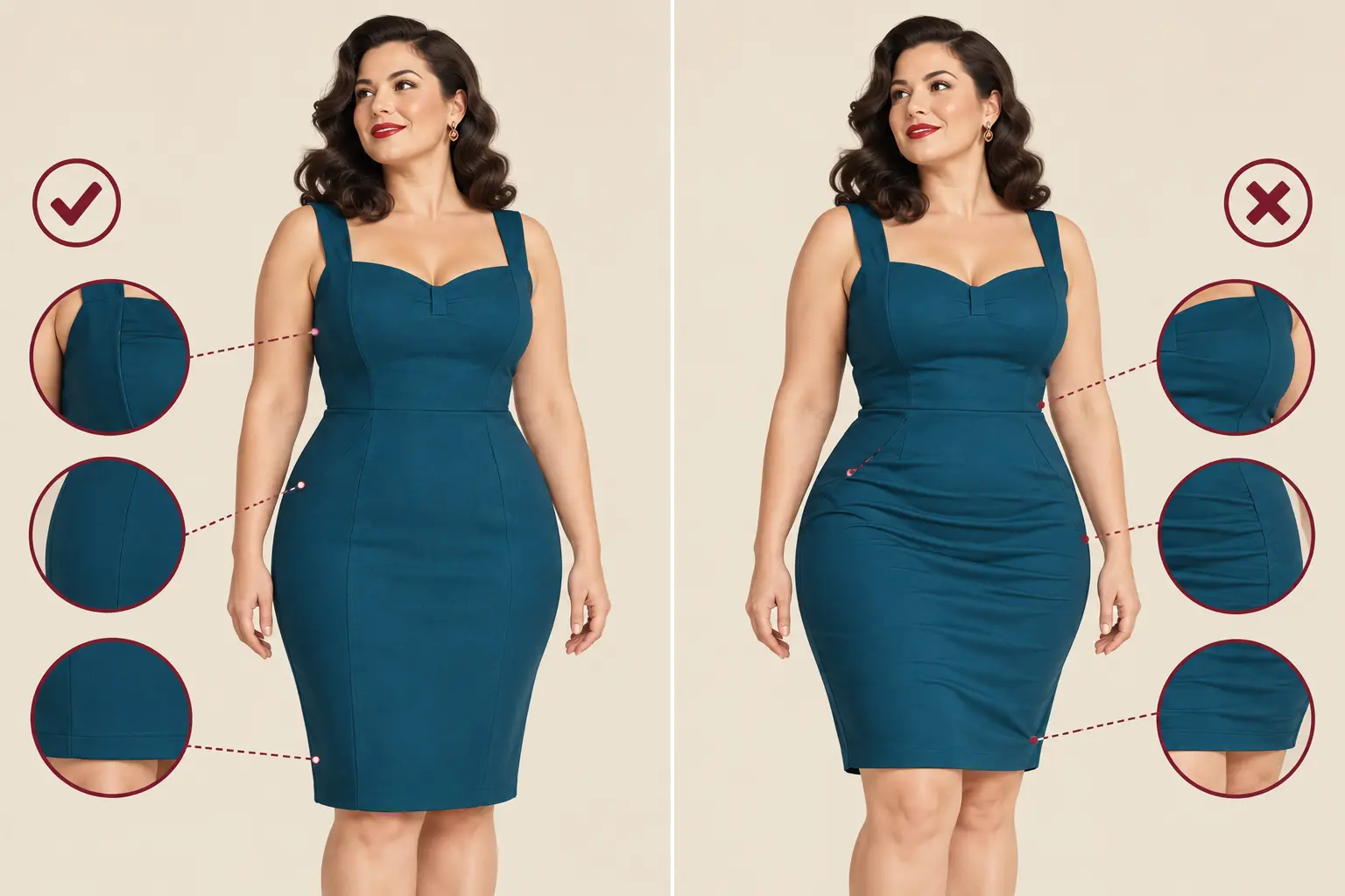 Même femme en robe wiggle bien ajustée puis trop tendue aux hanches, avec repères sur les plis et l’ourlet.