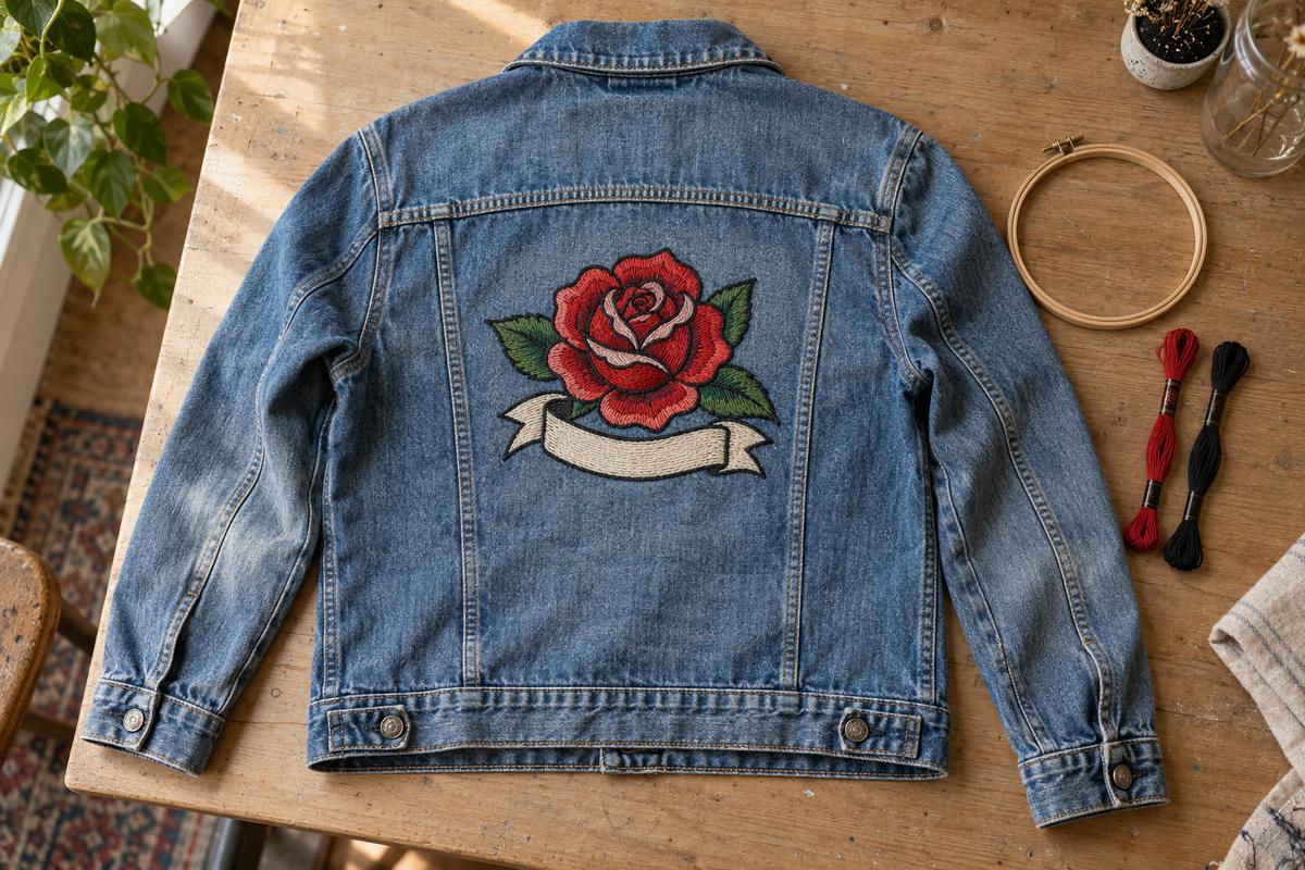 Dos de veste en jean trucker brodé d'une rose rouge old school