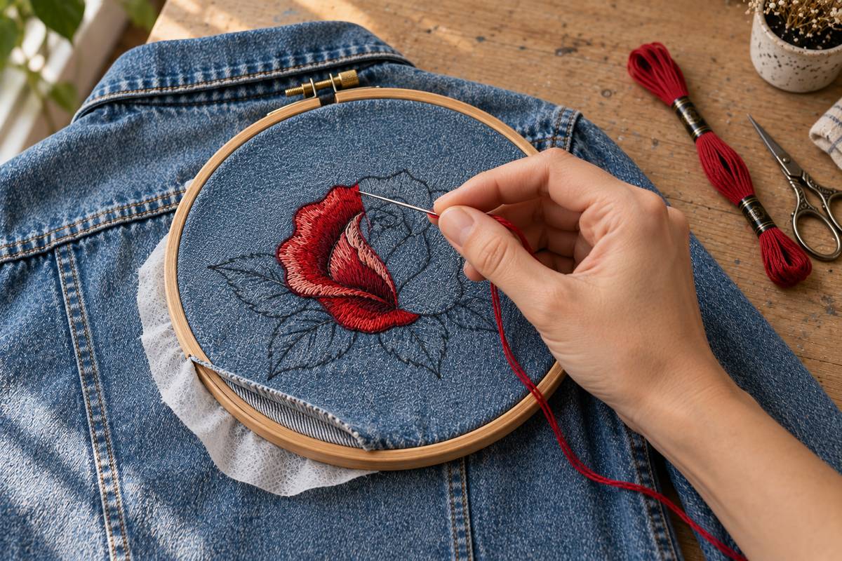 Main brodant un pétale rouge au point long et court sur denim tendu au tambour