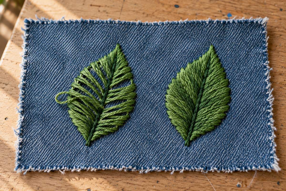 Feuille brodée au satiné trop long à côté d'une feuille au point long et court