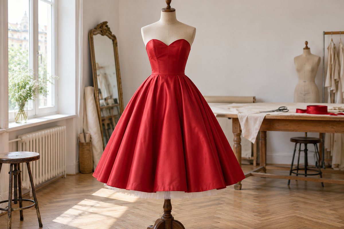 Robe années 50 rouge sans bretelles à décolleté en cœur sur buste de couture