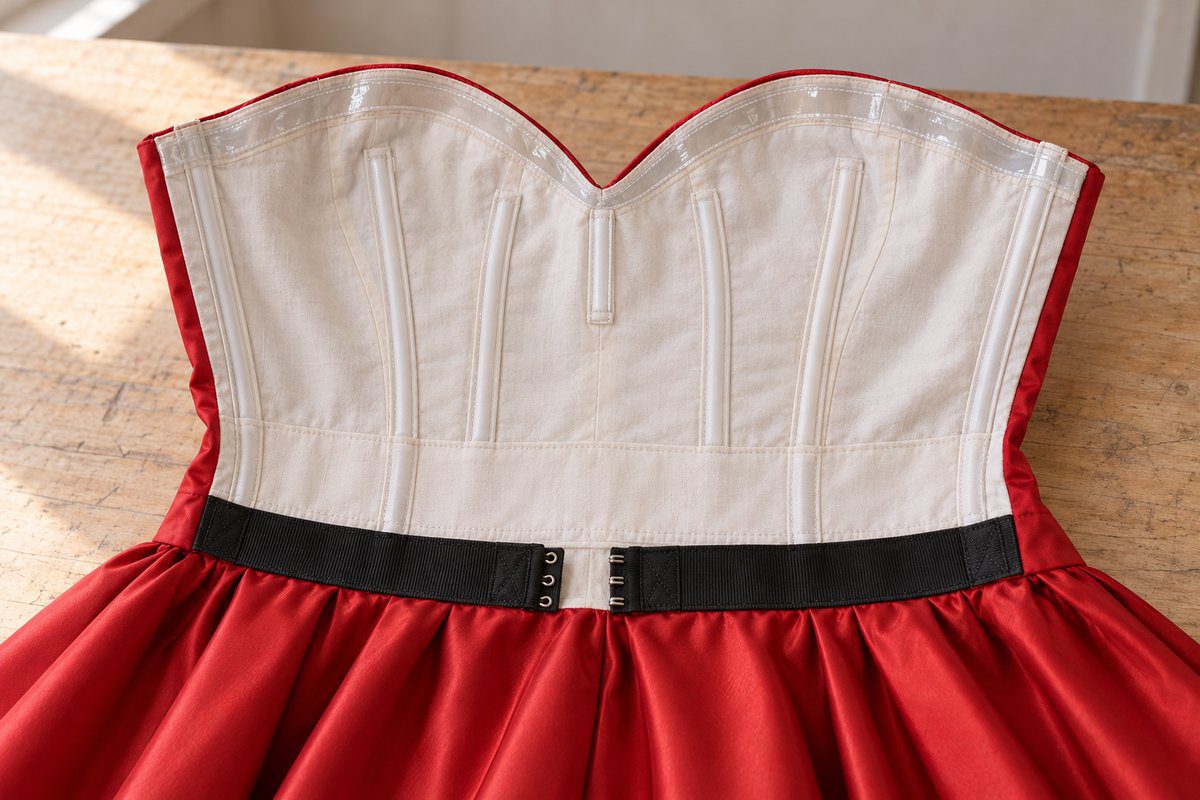 Intérieur d'un bustier en cœur avec baleines, bande silicone et ceinture gros-grain