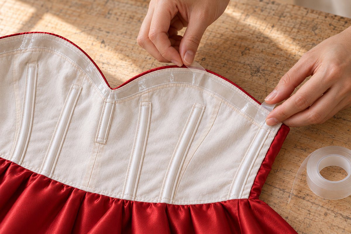Mains collant des bandes de ruban adhésif sur le bord intérieur d'un bustier en cœur
