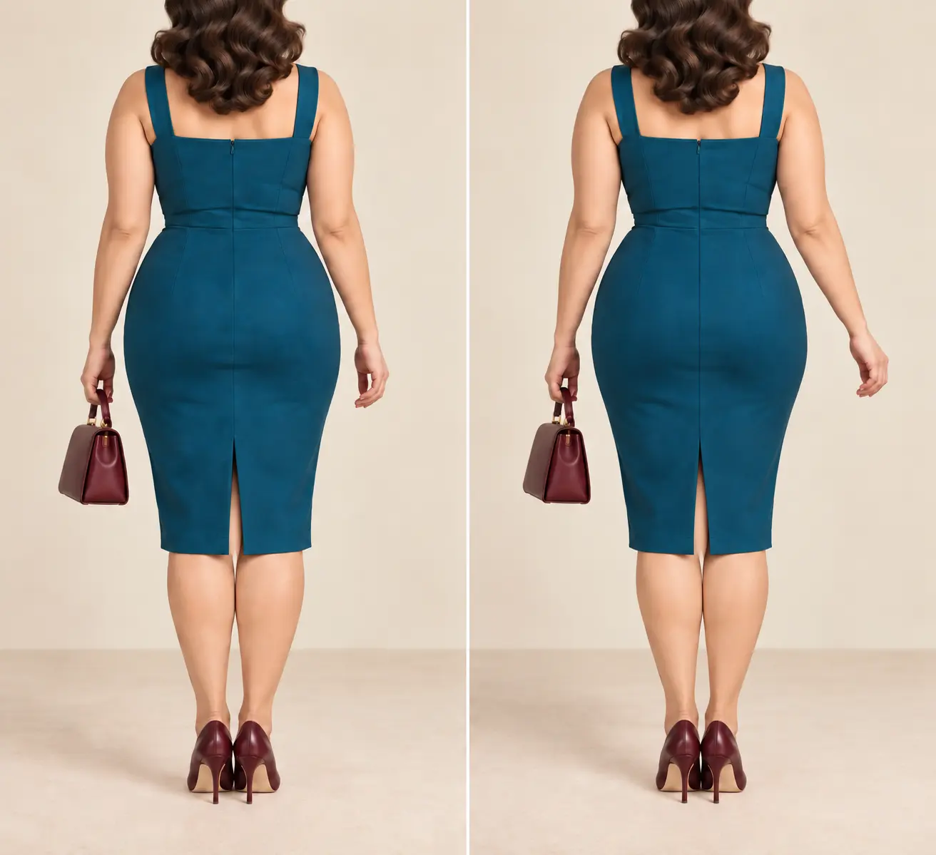 Même robe wiggle vue de dos au repos et en marche, avec sommet de fente à hauteur identique.