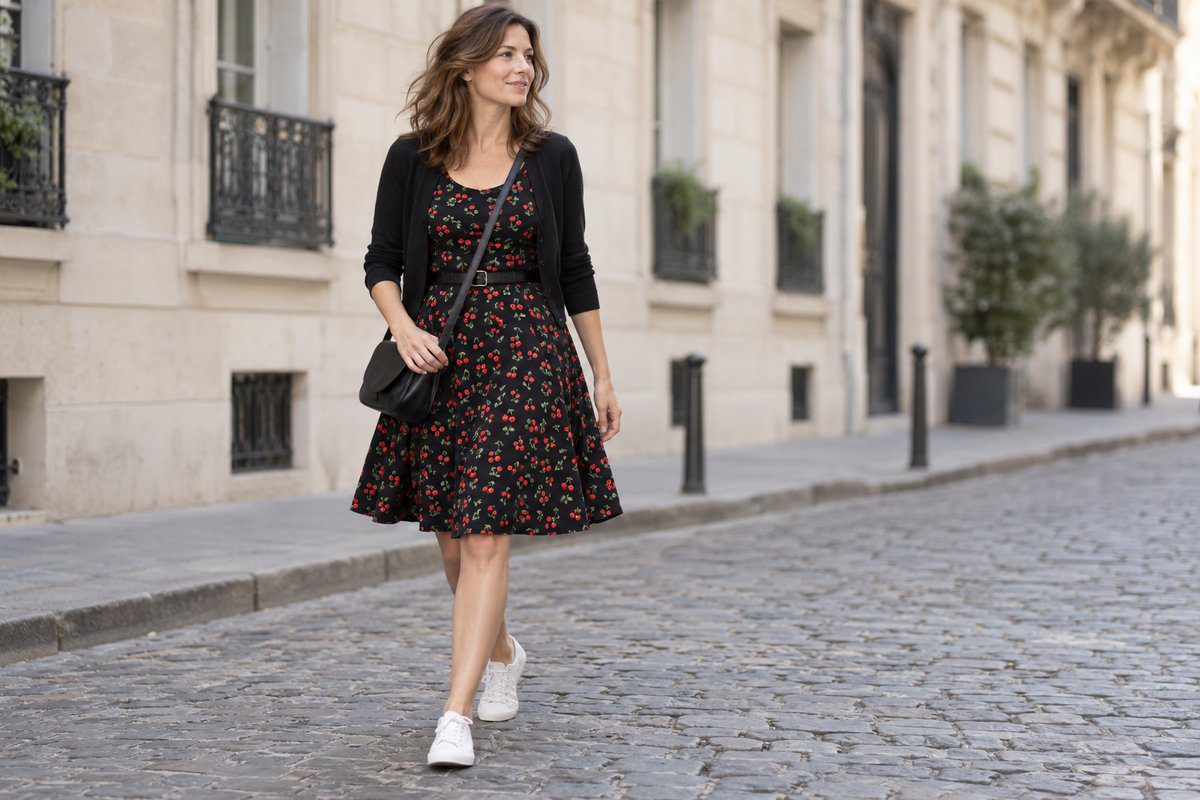 Femme en robe swing noire à petites cerises, cardigan noir et baskets blanches en ville