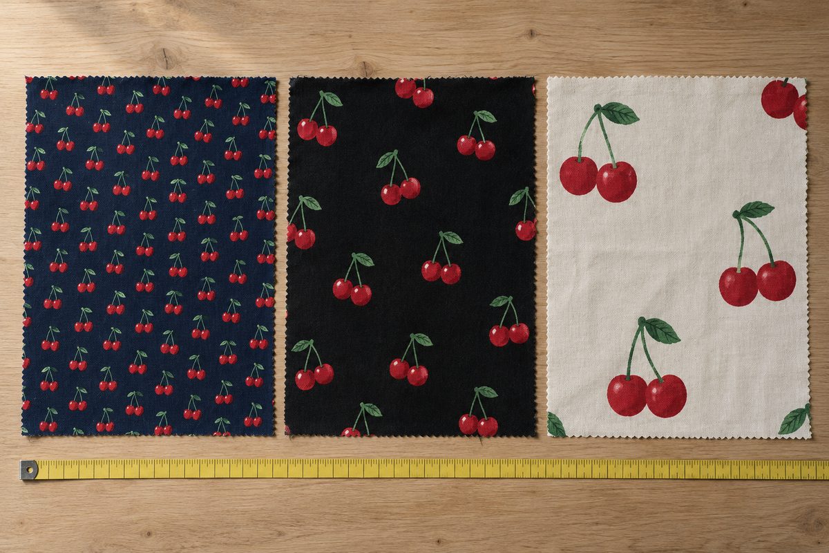 Trois coupons de tissu à cerises petites, moyennes et grosses sur fonds marine, noir et écru