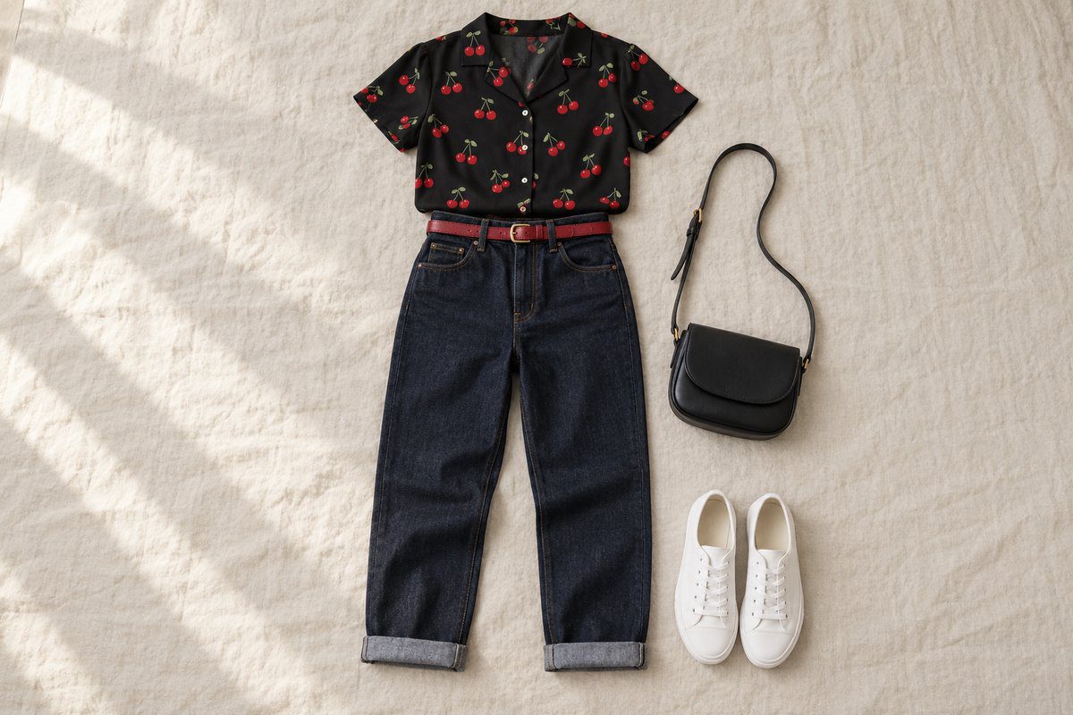 Tenue à plat : blouse noire à cerises, jean brut à revers, baskets blanches, ceinture rouge