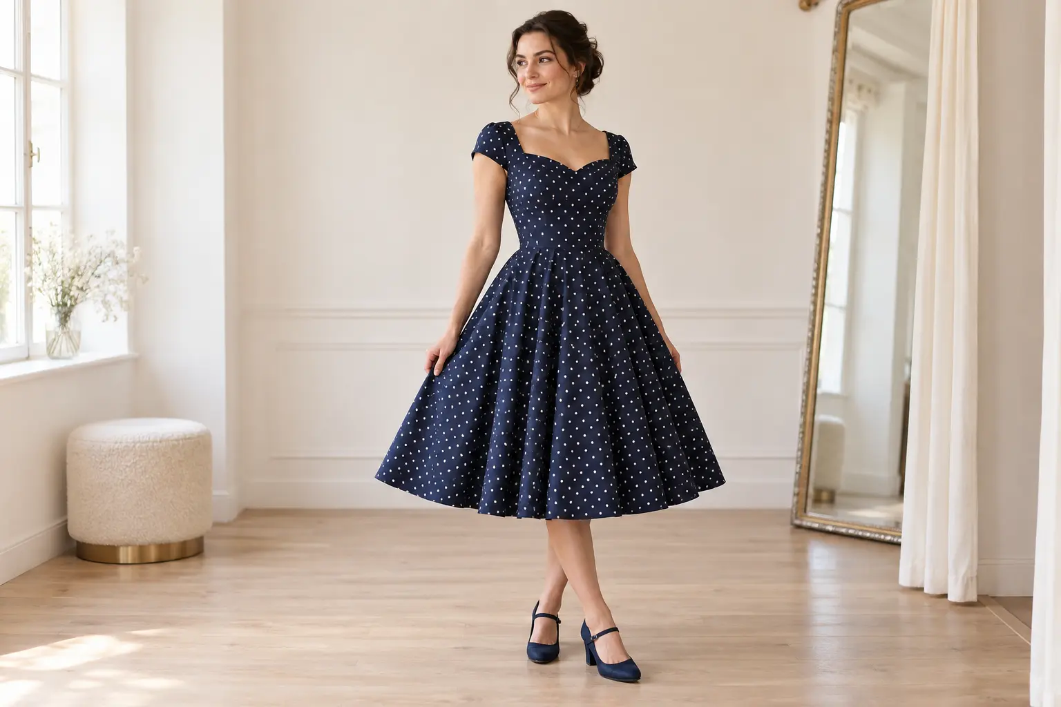 Femme adulte portant une robe swing bleu marine à pois avec un volume de jupe naturel