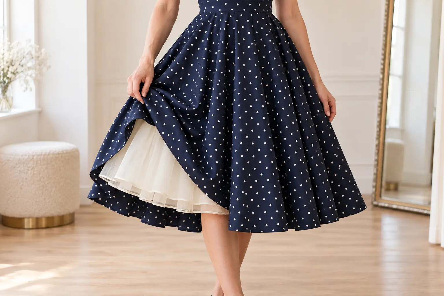 Gros plan d’un jupon ivoire qui se termine juste au-dessus de l’ourlet d’une robe swing bleu marine