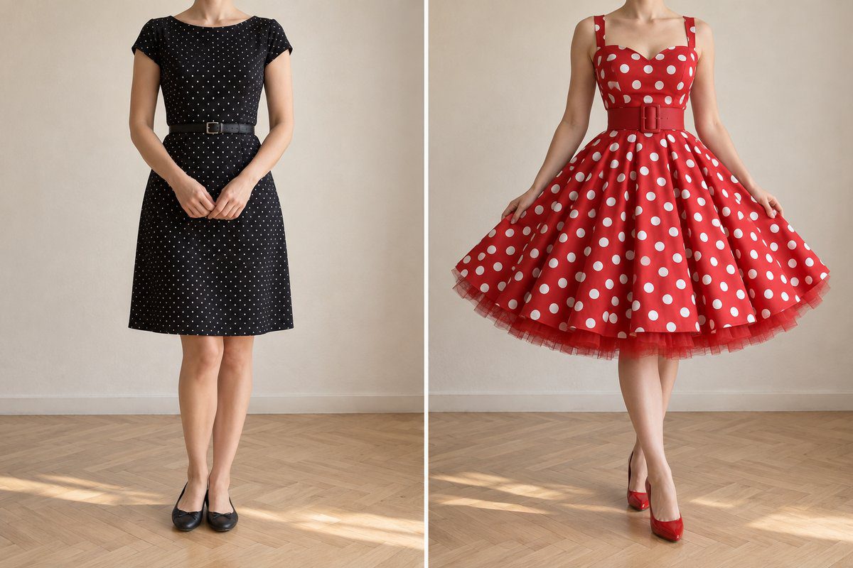 Deux robes années 50 comparées, version bureau sobre et version costume à jupon