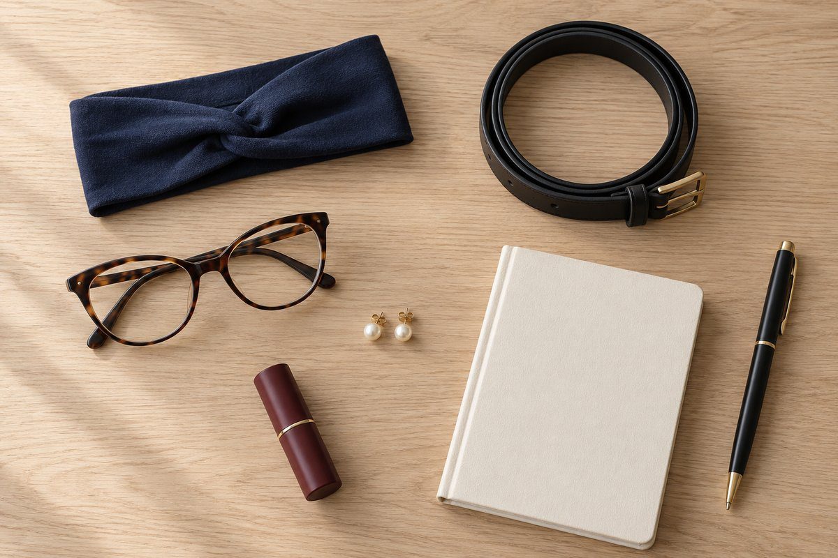 Bandeau marine, ceinture fine, perles et lunettes cat-eye posés sur un bureau