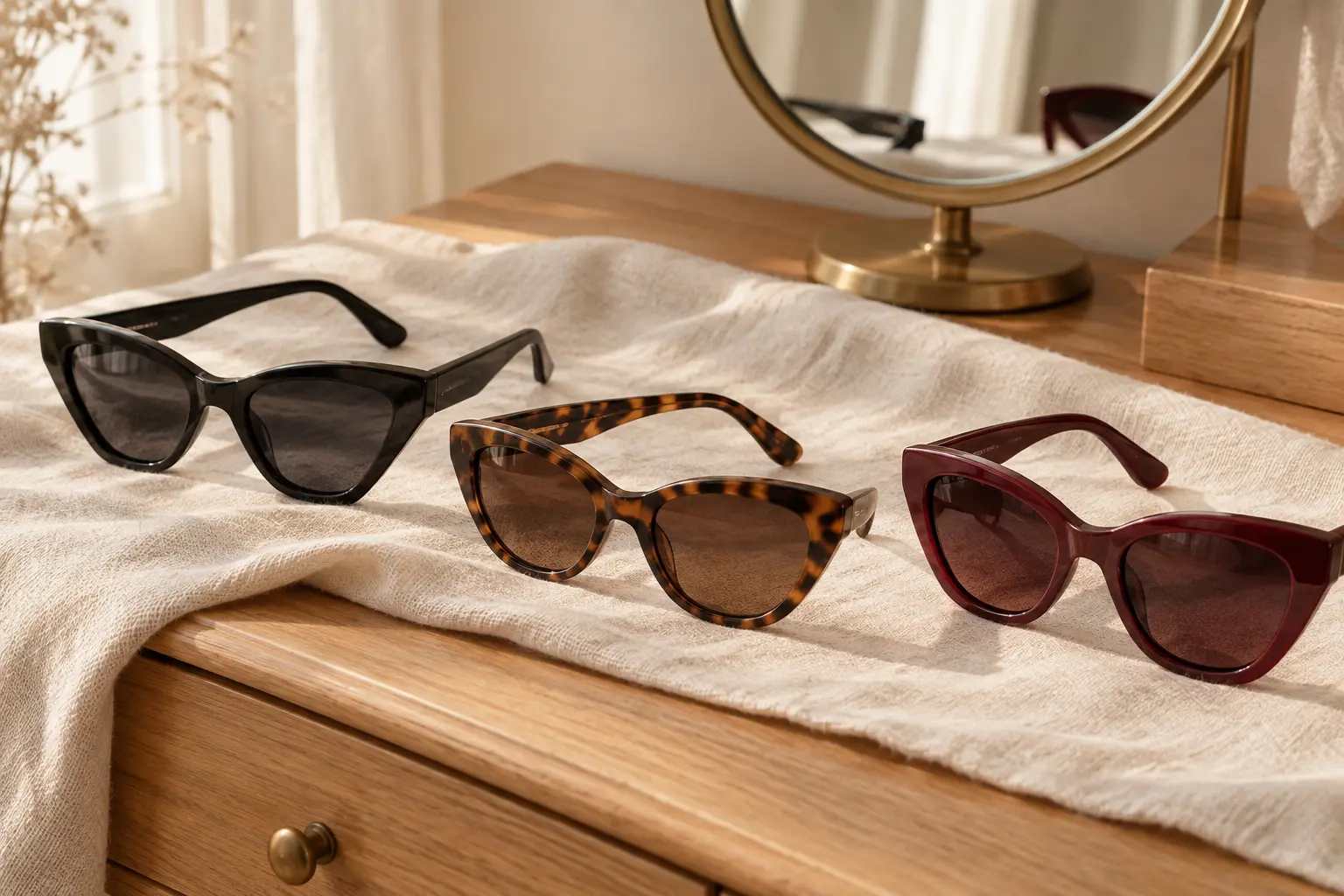 Trois paires de lunettes cat-eye noire, écaille et bordeaux sur une coiffeuse vintage