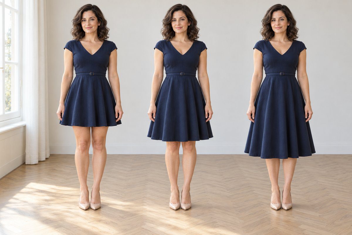 Même robe swing bleu marine en trois longueurs portée par une femme petite