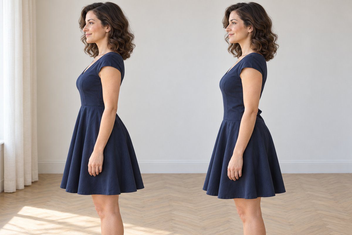 Profil d'une robe swing avec couture de taille bien placée et trop basse