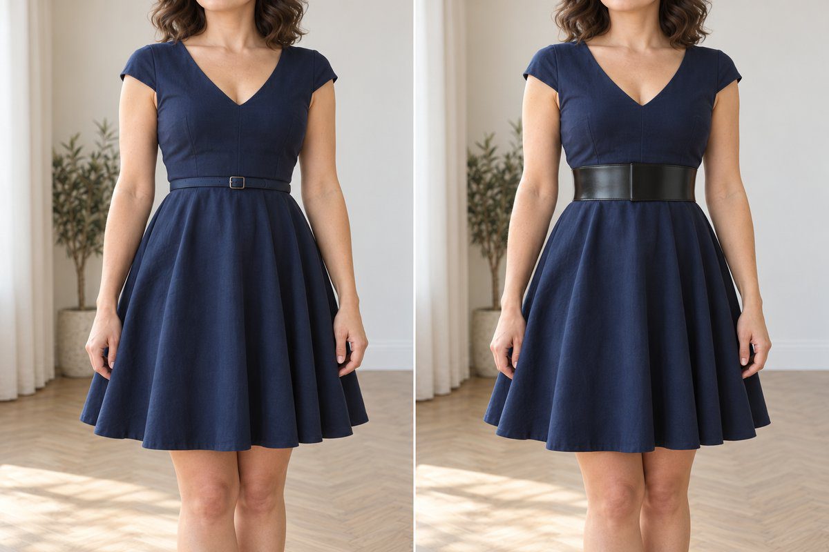 Robe swing avec ceinture fine ton sur ton et ceinture large noire