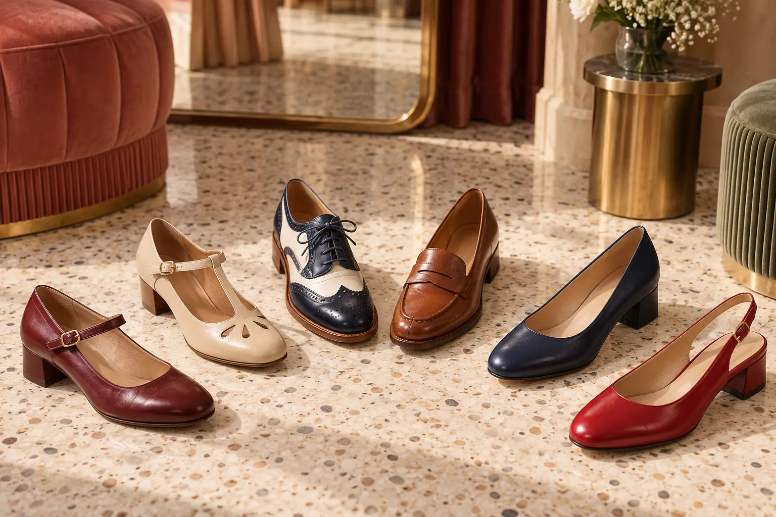 Six chaussures rétro pour pieds larges disposées dans un salon d’essayage
