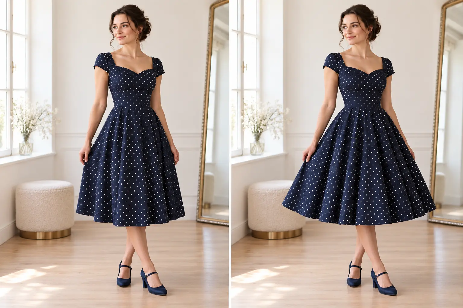 Comparaison de la même robe swing bleu marine sans jupon puis avec un jupon au volume modéré